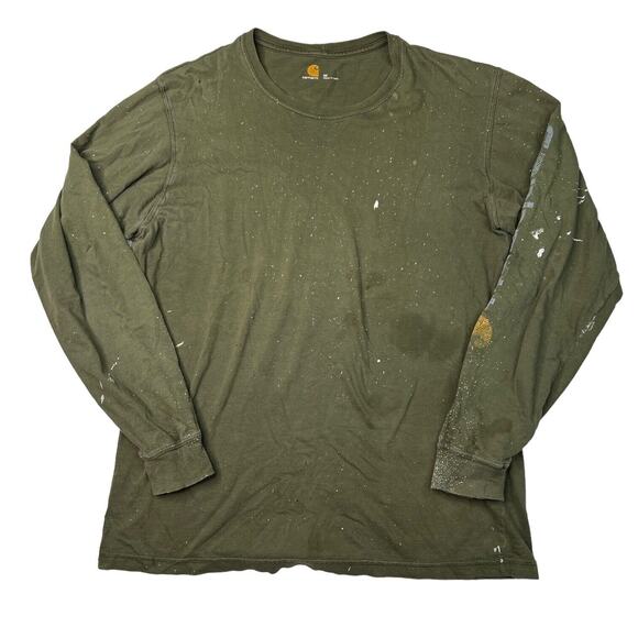 Carhartt Long Sleeve Tee Shirt Paint Splatter Deer Logo FLAW Olive Green Medium - Picture 1 of 8